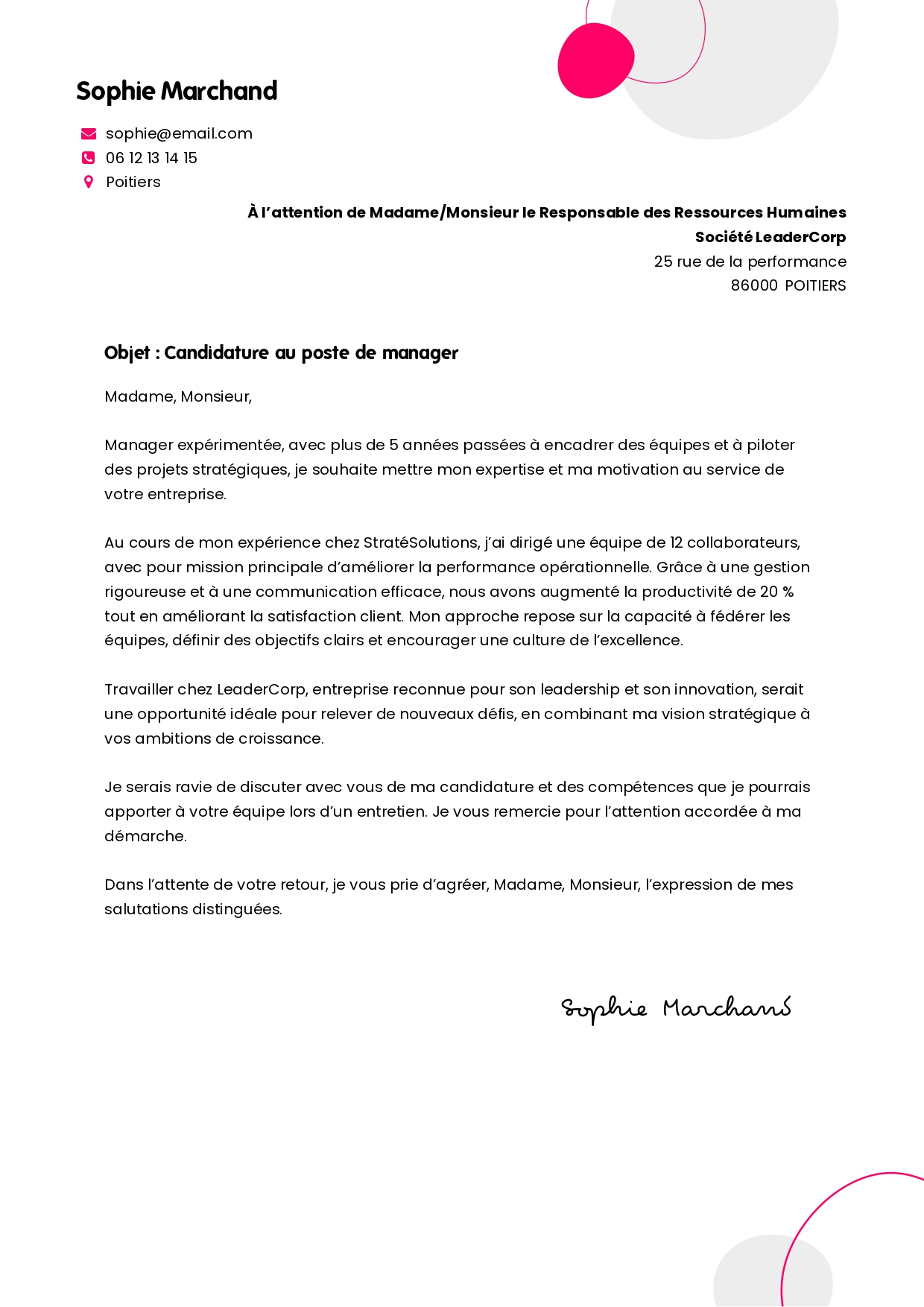 Lettre de motivation de manager