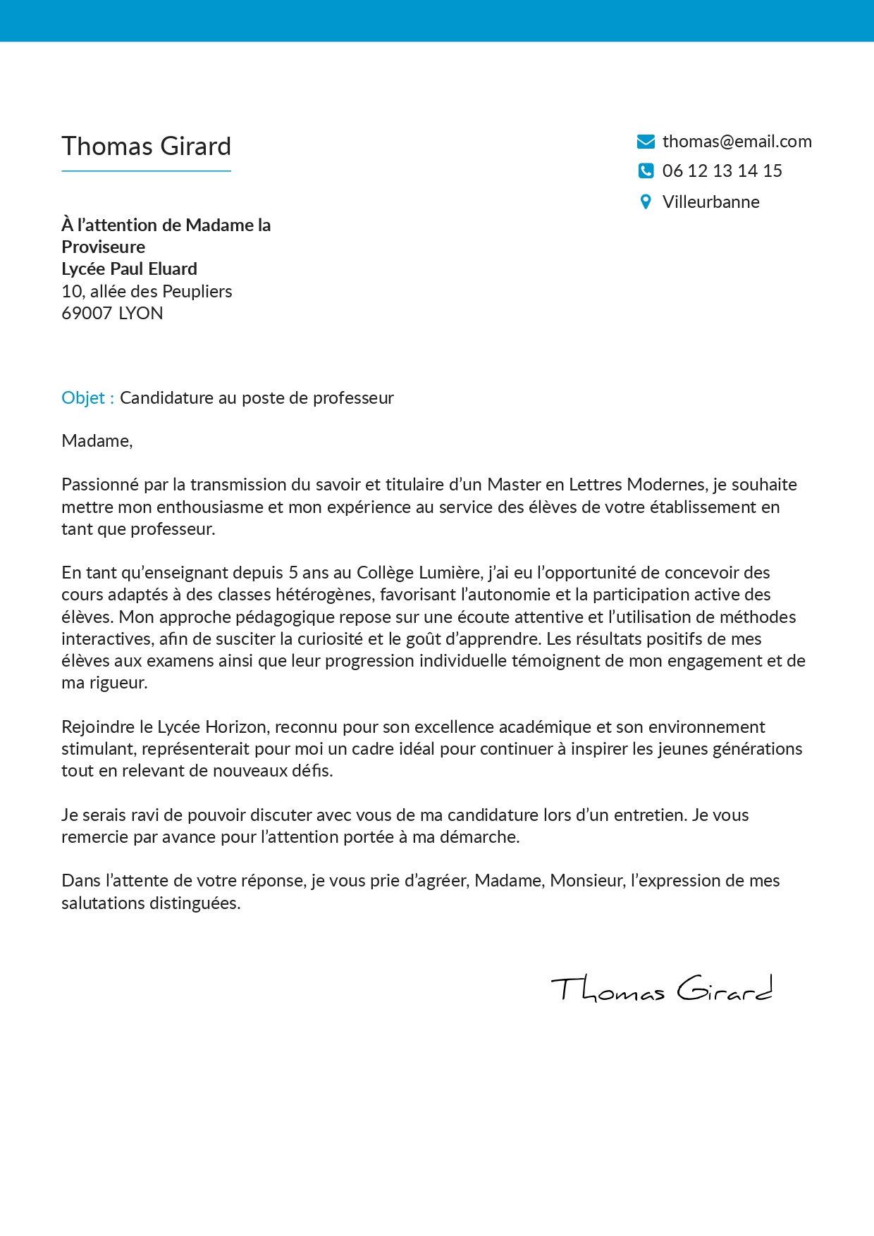 Lettre de motivation de professeur sur CVDesignR