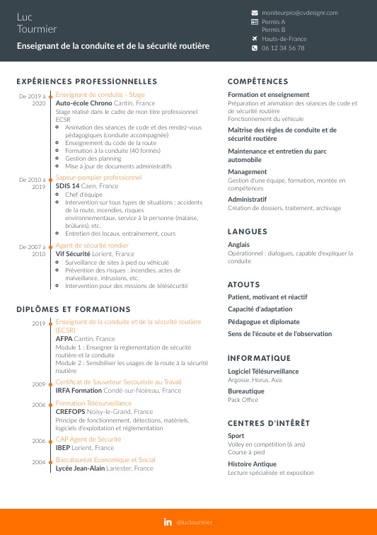 Exemple de CV pour un poste de Moniteur d’auto-école